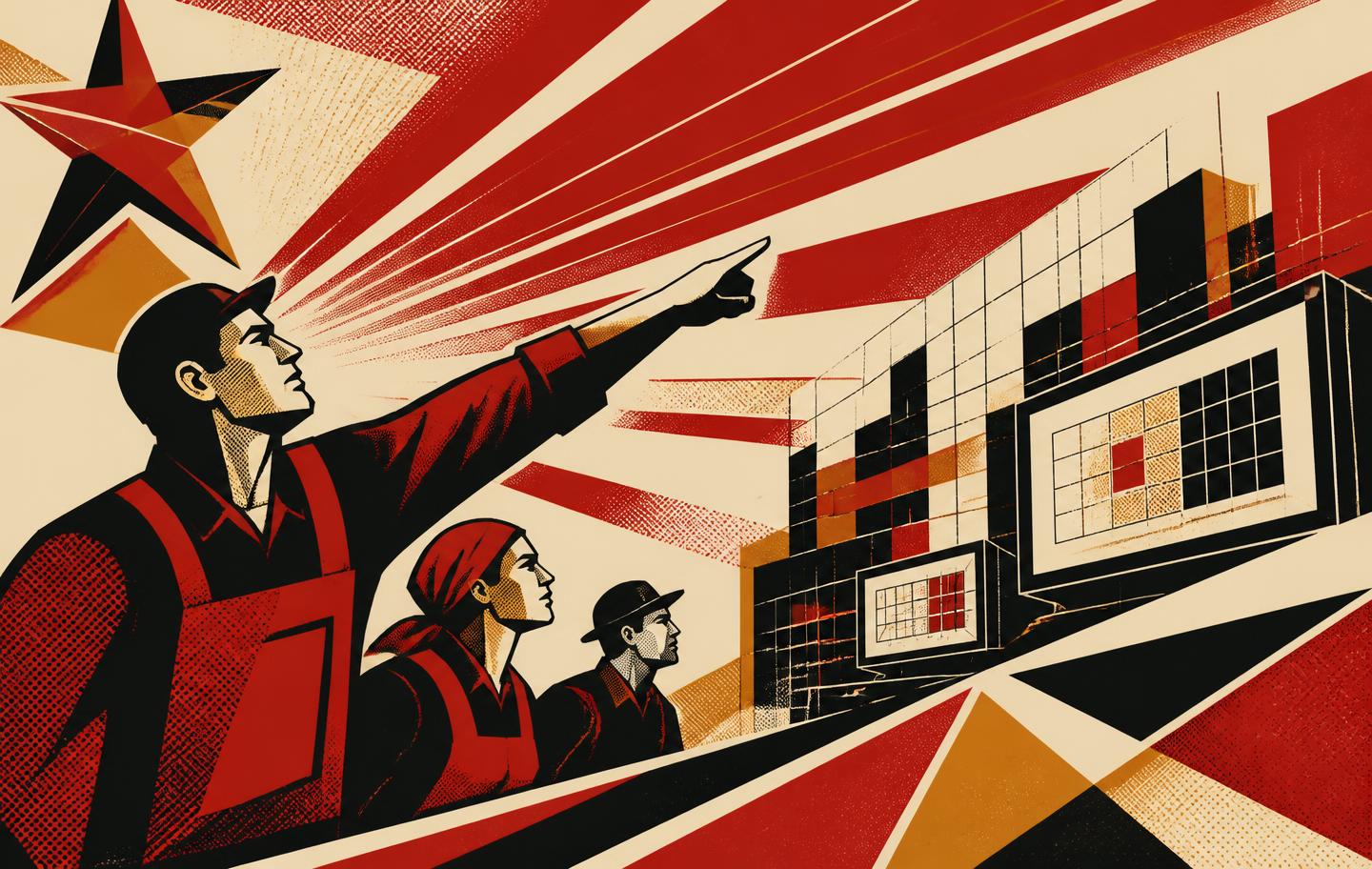 Constructivist poster of workers pointing forward toward geometric screens